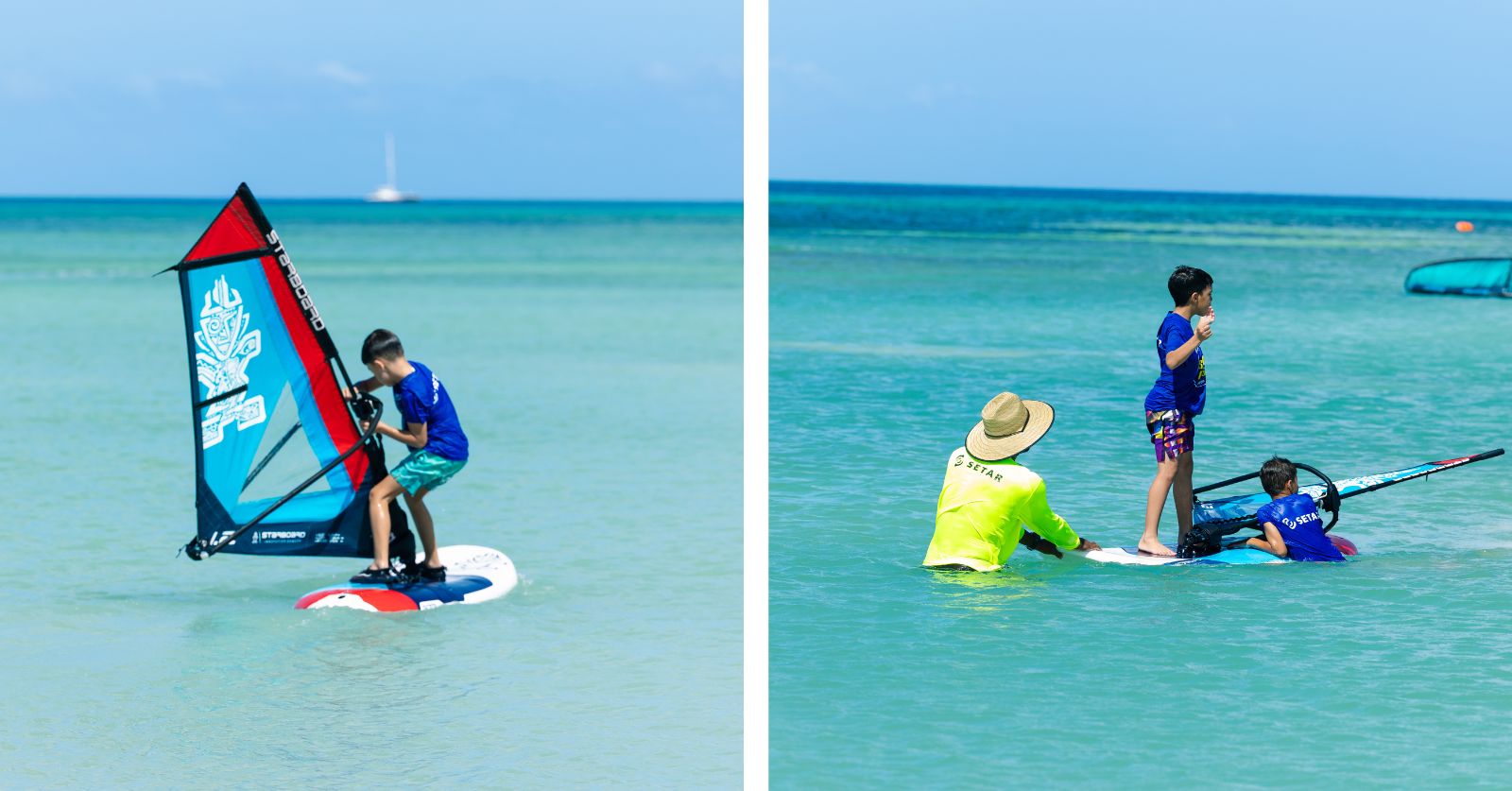 Kids learning windsurfing in Aruba